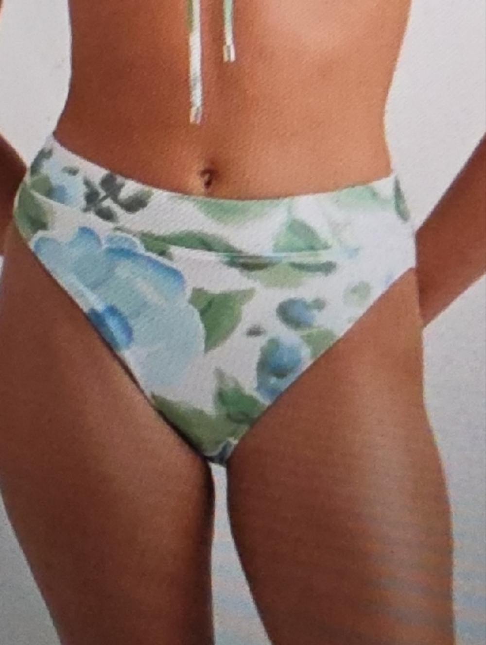 High-Waist Floral Bikini Bottom - White & Blue